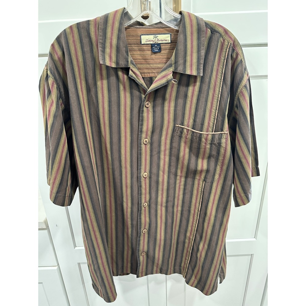 Tommy Bahama Silk‎ Button Up Shirt Mens M Brown Striped Camp Casual